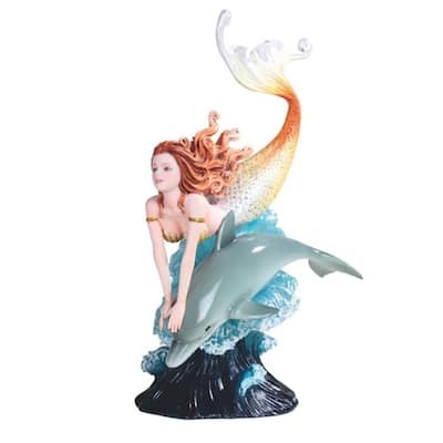 Q-Max 10"H Mermaid Swimming with Dolphin Statue Fantasy Decoration Figurine