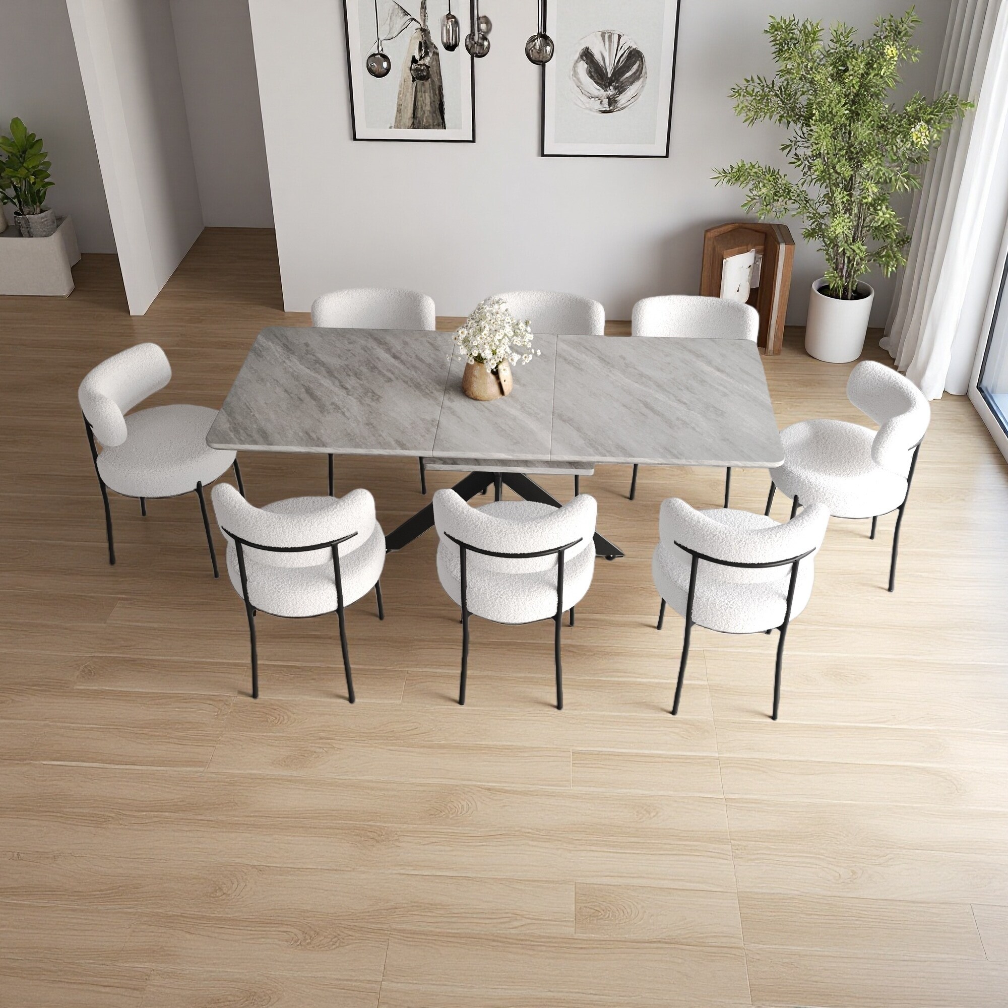 Set of 9 Extendable 62.4" to 78.15" MDF Large Dining Table Set with X-Shaped Metal Legs, Curved Backrest Upholstered Chairs