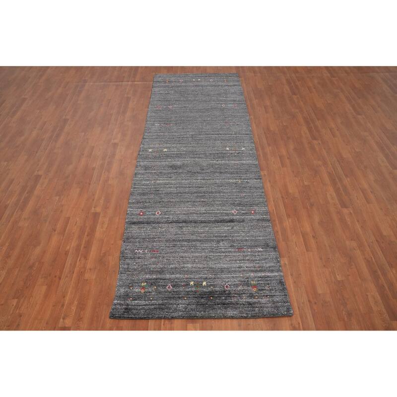 Hand Knotted Oriental Viscose Silk Carpet Tribal Animal Pictorial Greys & Charcoal Gabbeh Runner Rug - 11' 9'' X 4' 0''