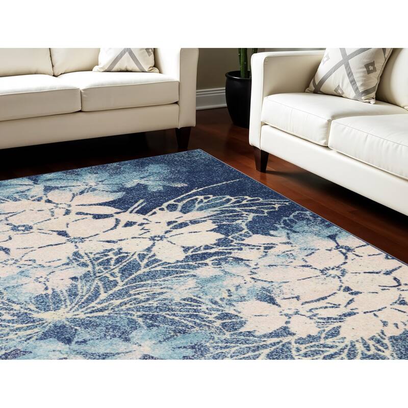 Jeya Power Loomed Floral Traditional Stain Resistant Area Rug By HomeRoots - 87' X '63' X '0.5 - 87' X '63' X '0.5 - Oxford Blue - Rectangle