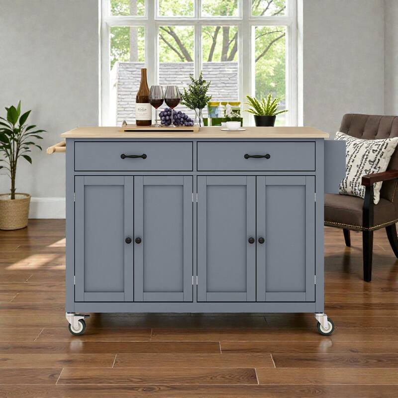 54.3" Kitchen Island Cart with Solid Wood Top, 4 Door Cabinet, Drawers, Spice Rack, Wheels