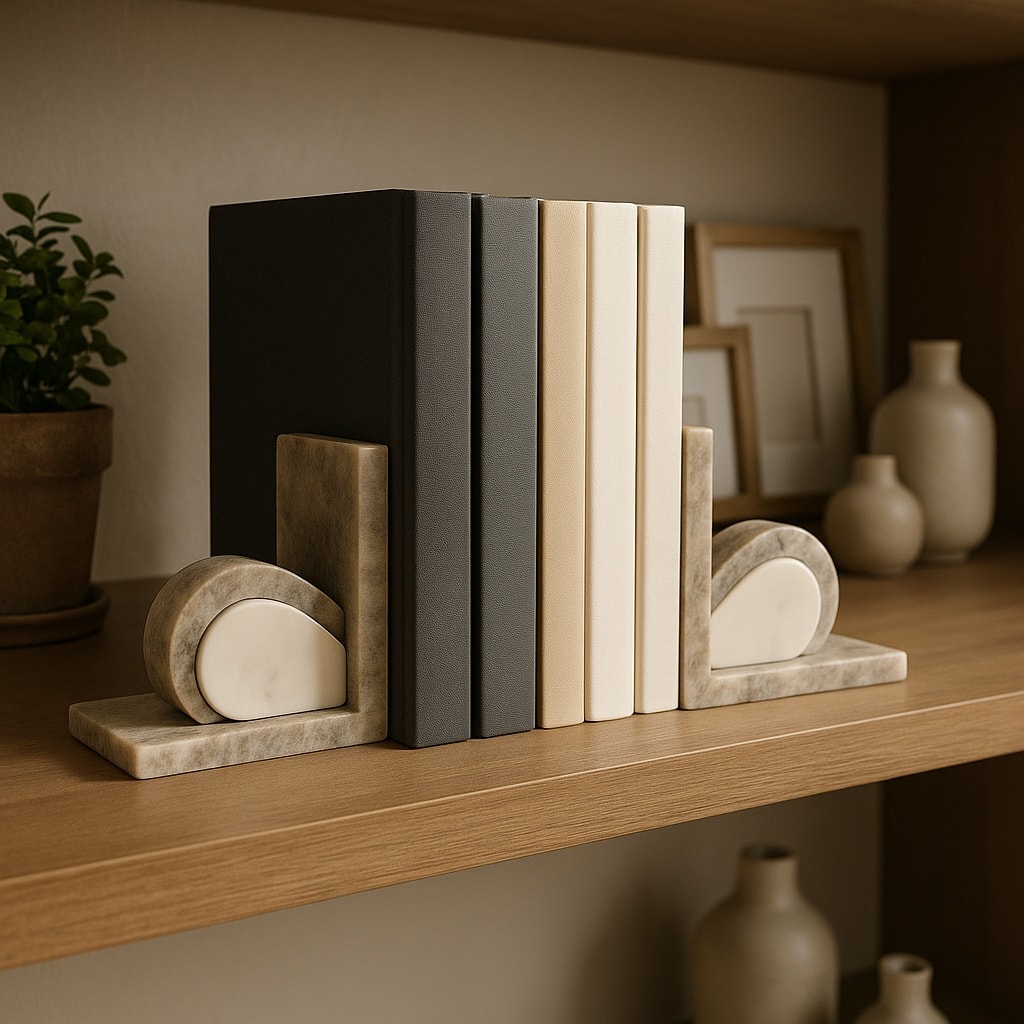 Modern Onyx and Marble Bookends - Set of 2, 6", Beige & Ivory - 6.0"