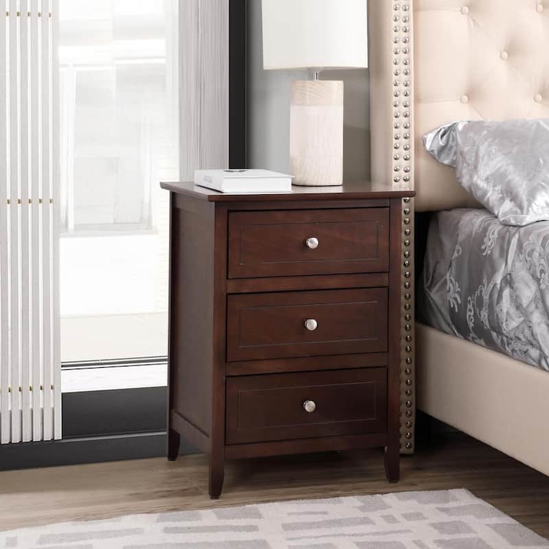 Modern classic solid wood nightstand, living room side table with three storage drawers and metal handles - Cappuccino