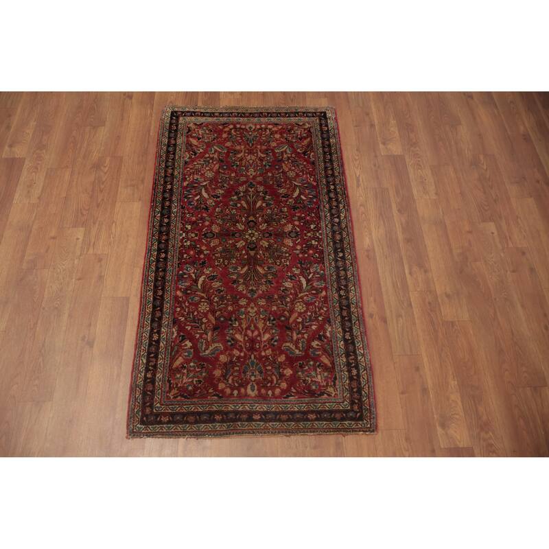 Hand Knotted Oriental 100% Wool Carpet Traditional Floral Red Sarouk Area Rug - 3' 11'' X 2' 2''