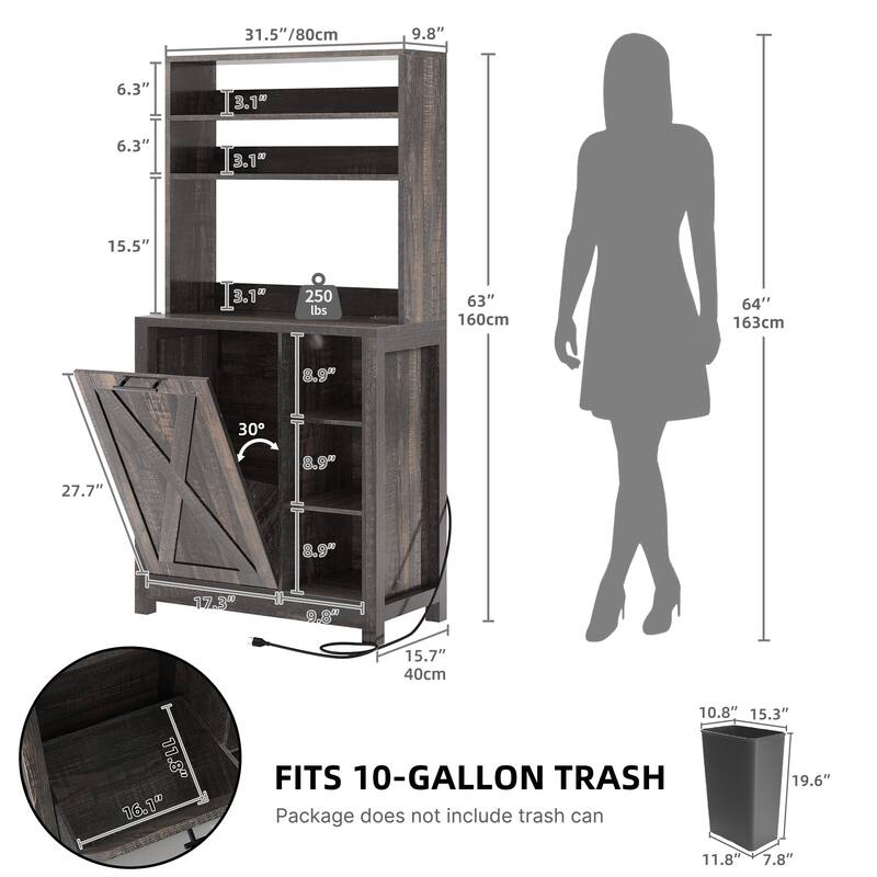 Moasis 6-Tier Bakers Rack Cabinet with Microwave Stand and Trash Can Bin, Coffee Bar Table Station with Power Outlets