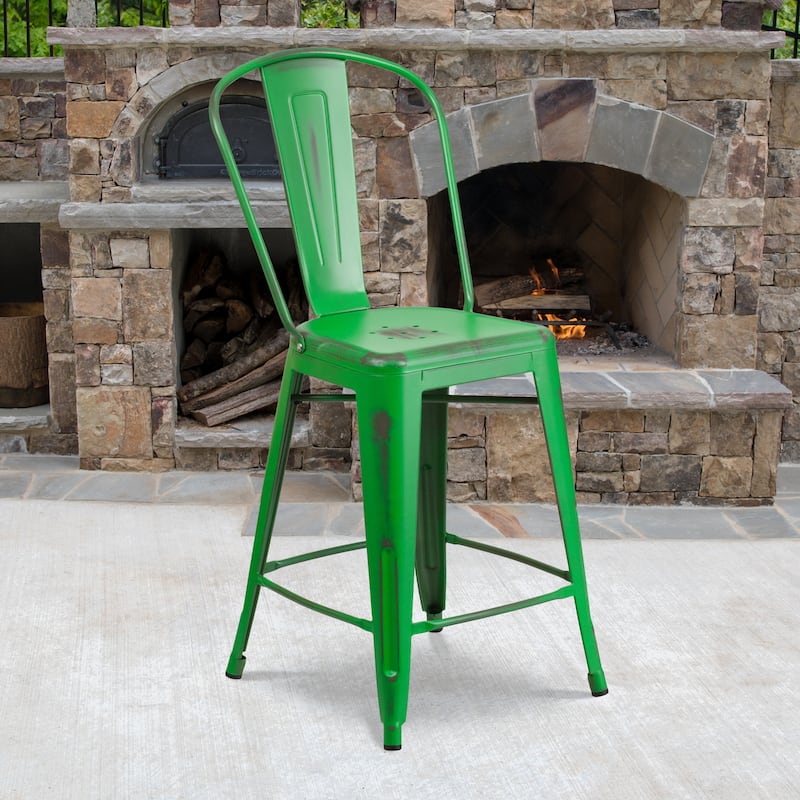 24-inch High Distressed Metal Indoor/Outdoor Counter Height Stool - 17.75"W x 22"D x 40.25"H