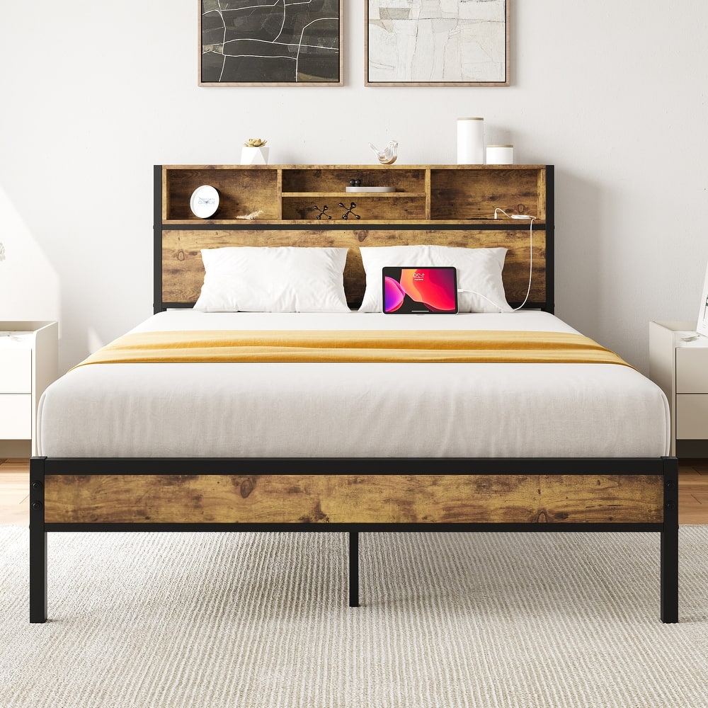 Metal Platform Bed Frame with Wooden Headboard Footboard, Bookcase Storage, Charging Station, No Box Spring Needed, Noise-Free