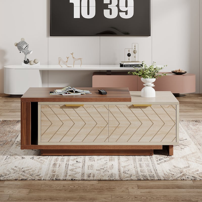 Extendable Coffee Table with 2-drawer and Wood Sliding Tabletop for Living Room - Brown Beige