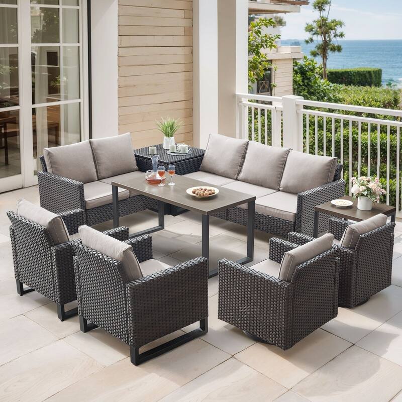 Gymojoy 9 Person Outdoor Courtyard Wicker Family Conversation Set Group With Swivel Chairs And Storage