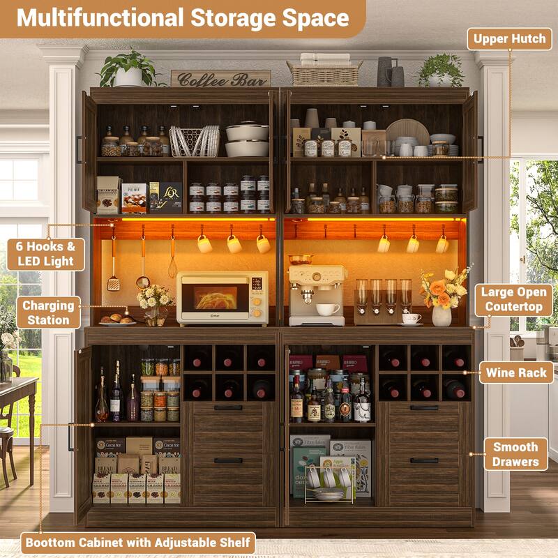 Farmhouse 72" Tall Kitchen Pantry Cabinet with Charging Station, Coffee Bar Cabinet with Hutch and LED Light