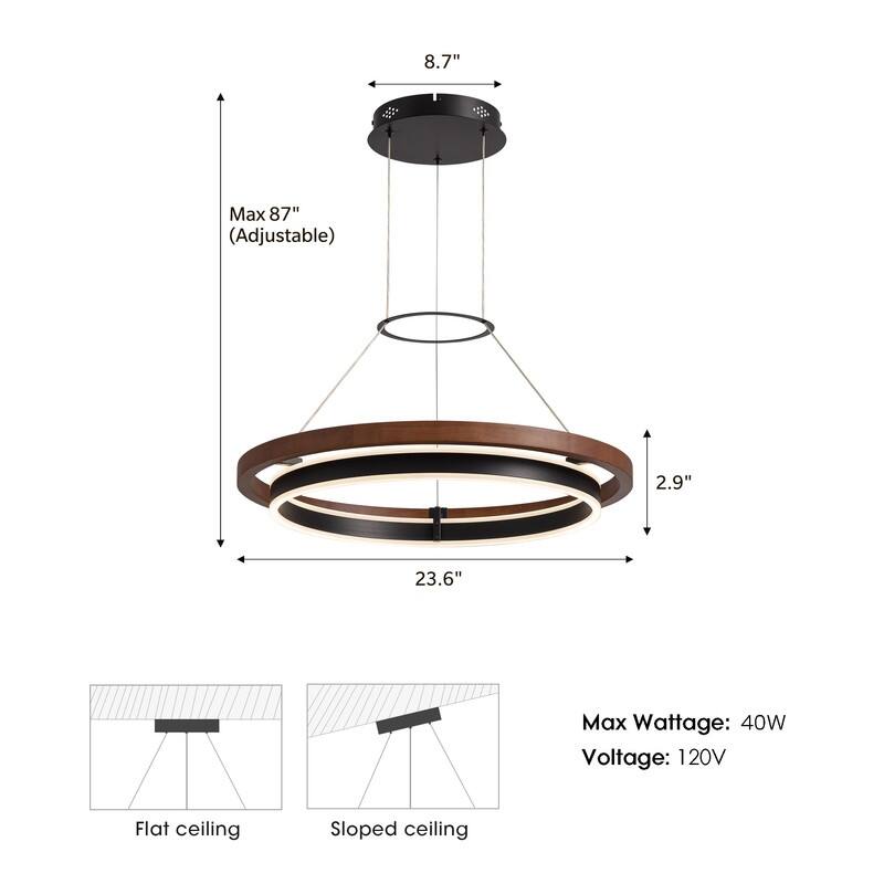 23.6 in. Modern Farmhouse Chandelier 2-Tier Round Ring Walnut LED Wooden Pendant Light for Kitchen Island