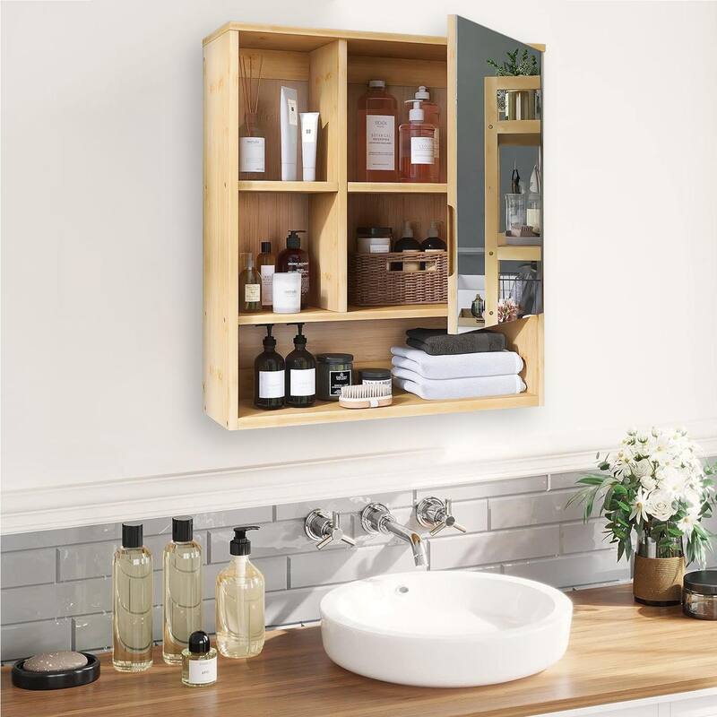 Medicine Cabinet Wall-Mounted Mirrored Bamboo Frame Storage Bathroom - 22"x24"x6.3"
