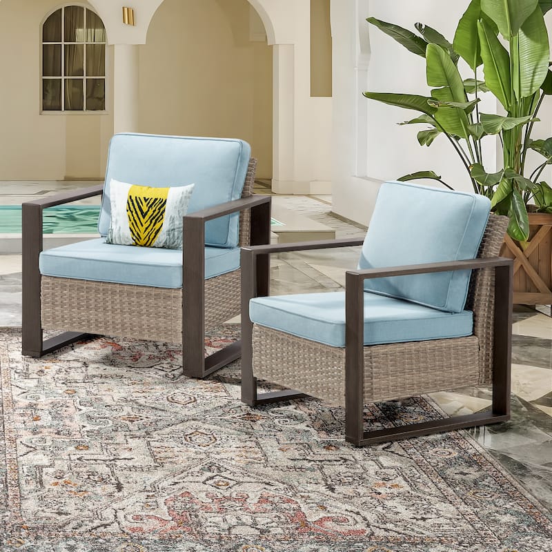 Cozywor 2-Piece Patio Wicker Outdoor Lounge Chair with Metal Frame and Cushions - Baby Blue