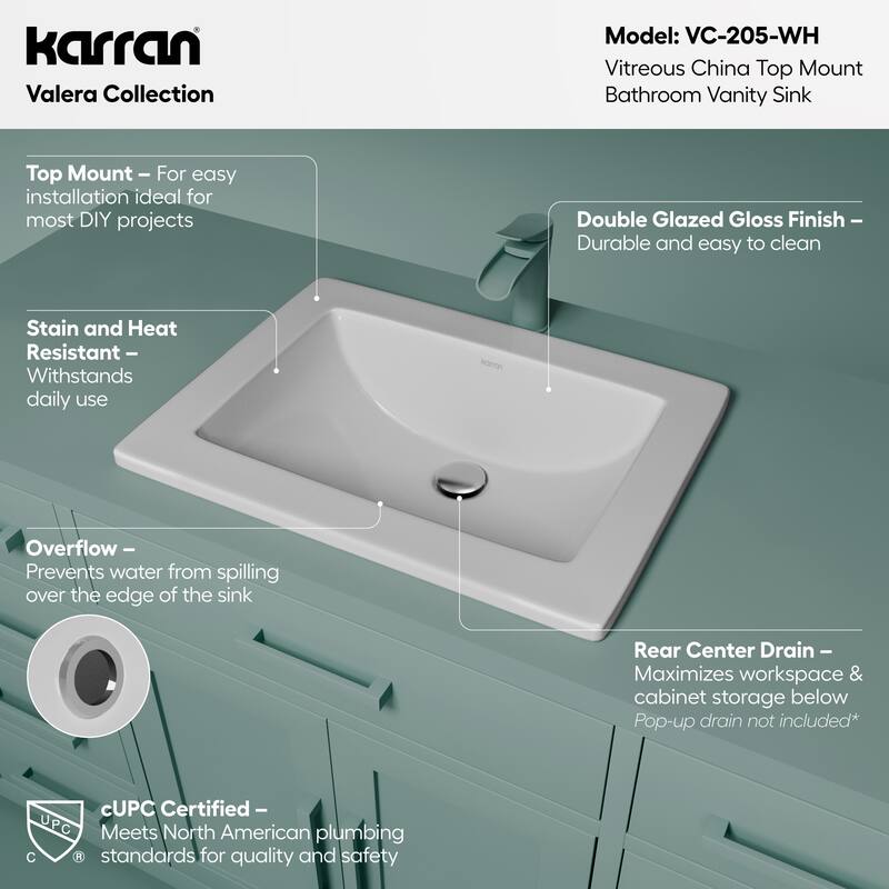Karran Valera 23" Rectangular Top Mount Vitreous China Bathroom Sink in White