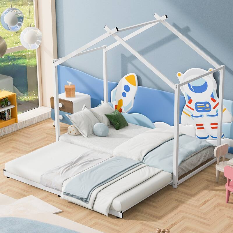 Metal Twin Size House Platform Bed with Trundle, Sturdy Construction, Safety Guaranteed, Easy Assembly - White