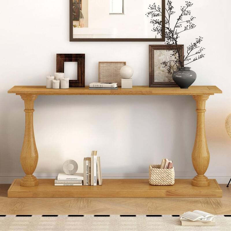 Vintage 63" Sofa Console Table with Solid Pine Legs for Living Room - Natural