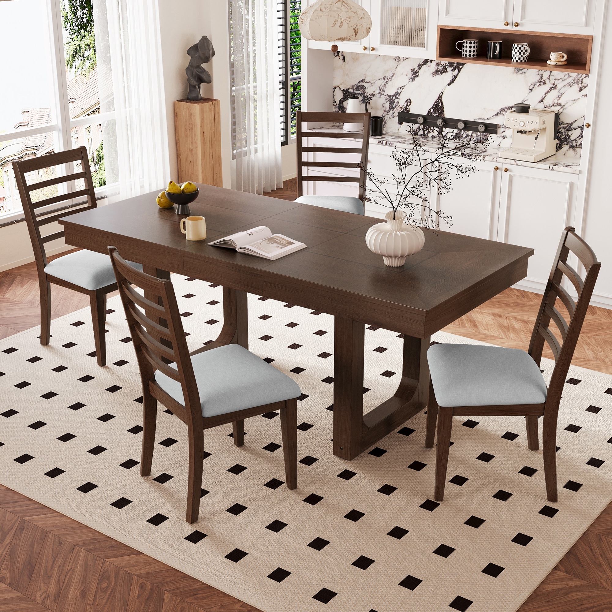 Roomfitters 5-Piece Farmhouse Extendable Dining Table Set, 18" Leaf, 4 Chairs