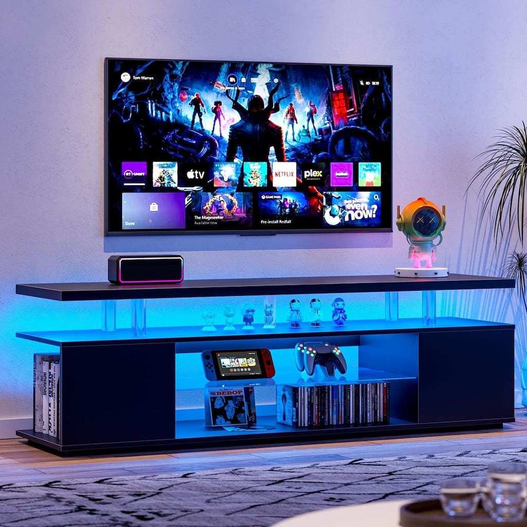 Modern TV Stand with LED Gaming Entertainment Center, Fits 65-70 Inch TVs, White/Black