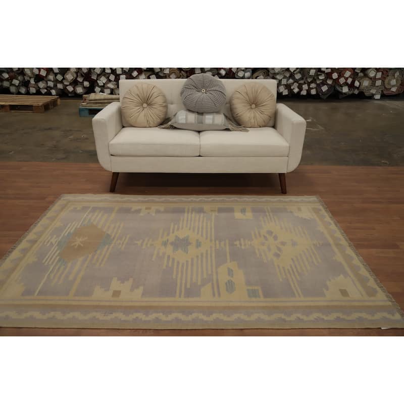 Hand Woven Oriental 100% Wool Carpet Southwestern Tribal Purples Kilim Area Rug - 6' 9'' X 4' 10''