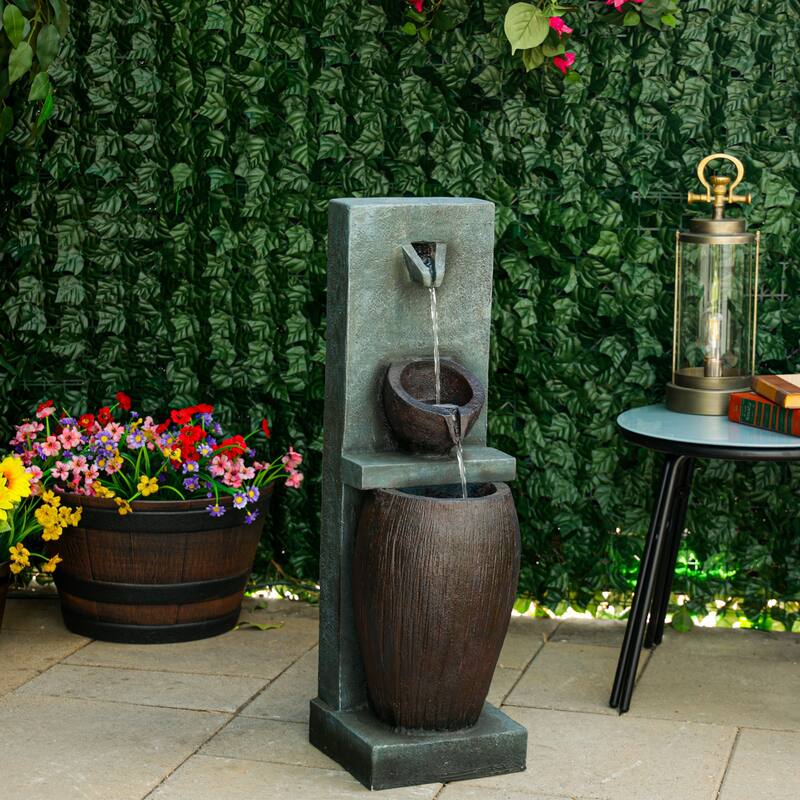 32" 3-Tier Jar Fountain w/ LED, Ceramic Decor, Gray