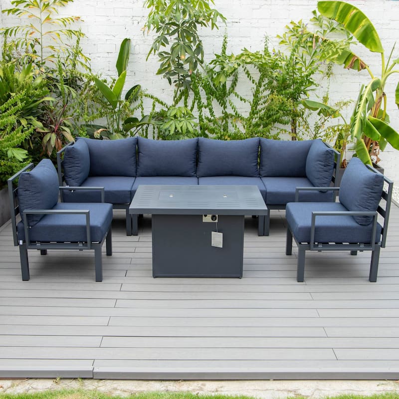 Outdoor 7-Piece Patio Sectional Set Aluminum Frame W/ Fire Pit Table
