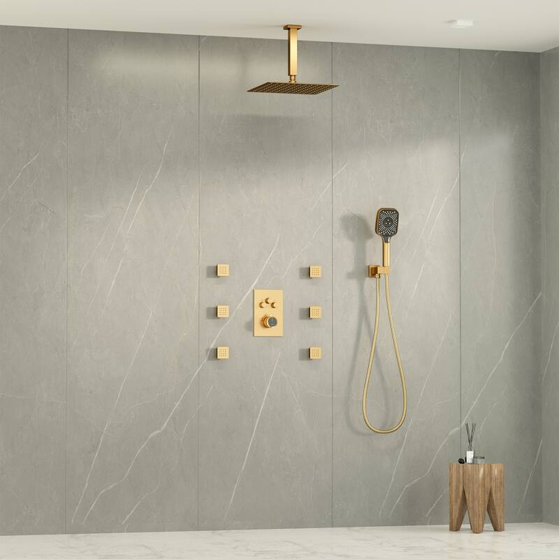 Celling Mount 12 Inch Rainfall Shower Head 3 Function Thermostatic Shower System with 6 Body Jets