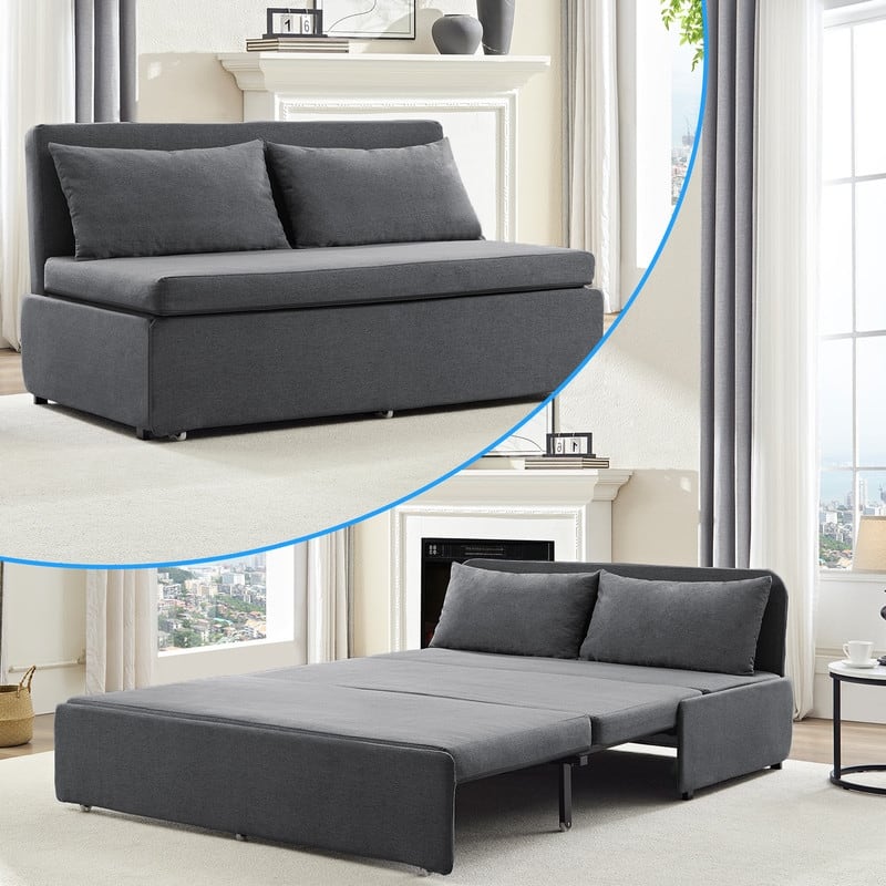 Mixoy Full/Queen Size Sofa Bed,2 in 1 Convertible Linen 1-Seater/Loveseat Sleeper Sofa Couch with Cushions - Queen - Dark Grey