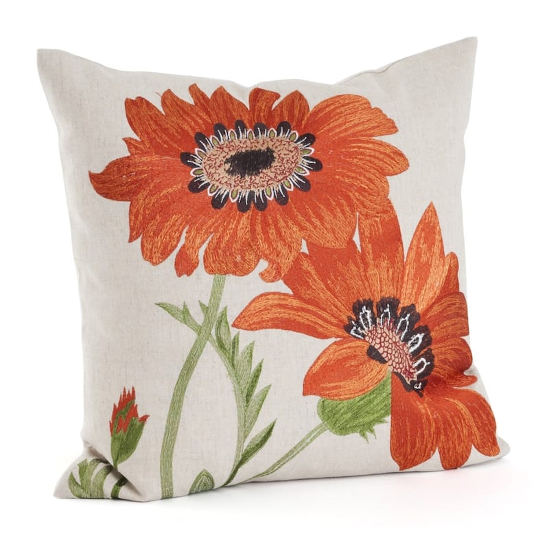 Embroidered Floral 18 inch Throw Pillow - Orange