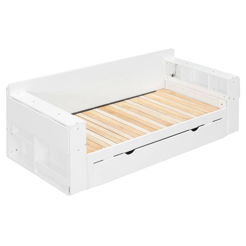 4-in-1 Multifunctional Daybed Storage Bed Frame with Removable Desk, Drawers, Bookcase Shelves and Hydraulic Side Tables