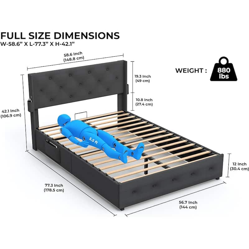 Full Size Upholstered Storage Bed with Headboard and USB Ports