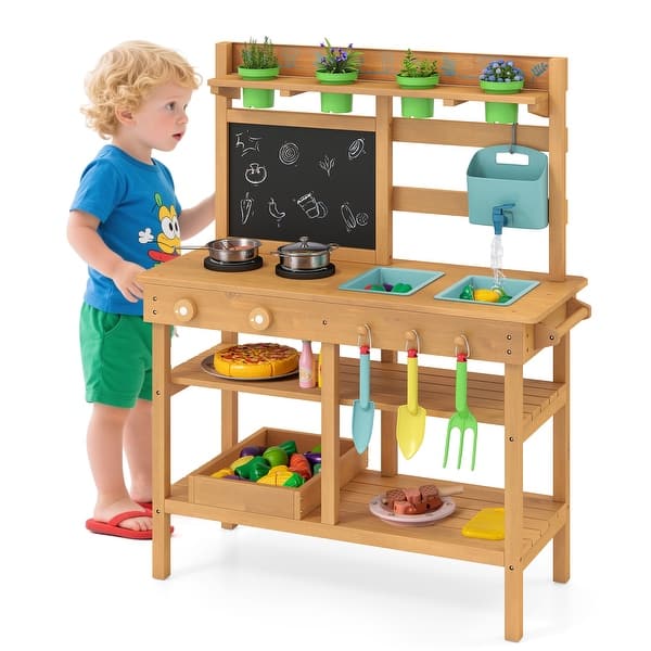 slide 2 of 10, Gymax Kids Mud Kitchen w/Faucet Removable Sinks Chalkboard Stovetops Natural