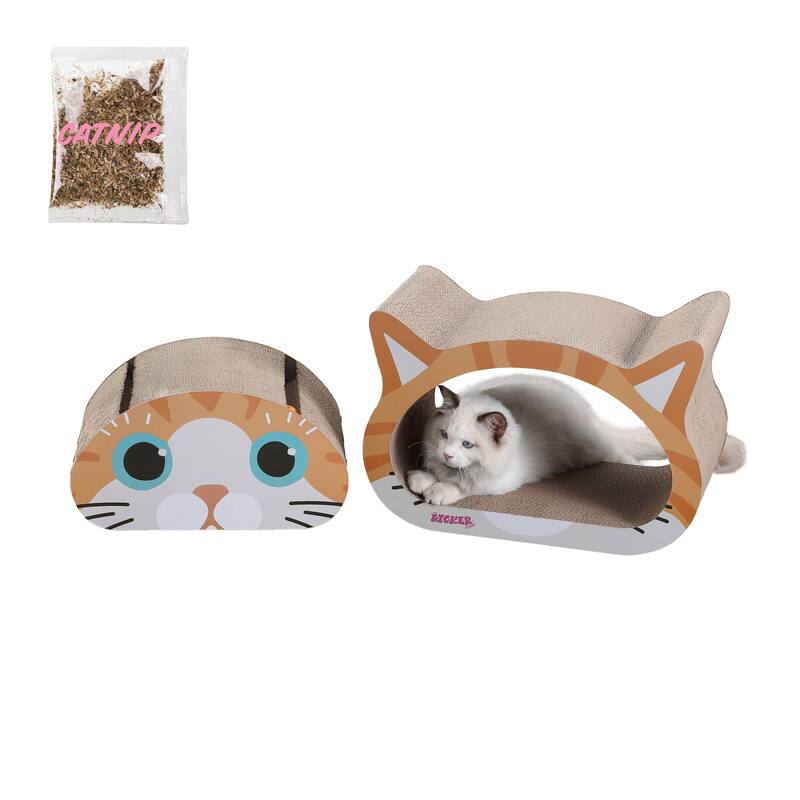 Opal 19" Modern Cardboard Happy Cat Head 2-in-1 Cat Cave Scratcher with Built-In Bell Toys and Catnip, Orange/Blue