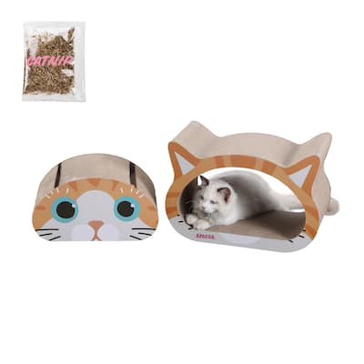 Opal 19" Modern Cardboard Happy Cat Head 2-in-1 Cat Cave Scratcher with Built-In Bell Toys and Catnip, Orange/Blue