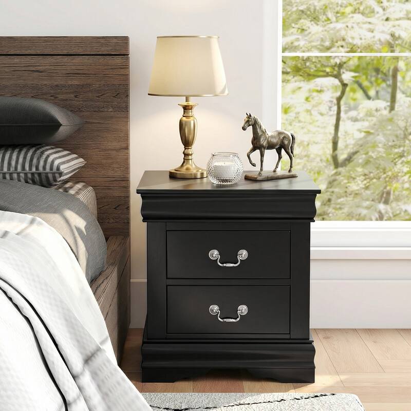 Rossetta Transitional Antique Elegant Style 2-Drawer Nightstand with Solid Wood Legs and Smooth Glides - Black