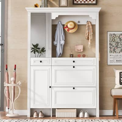 54.7'' Hall Tree with Integrated Shoe Cabinet and Mirrored Cabinet Door, Coat Hanger, Entryway Bench, 4-in-1 Design