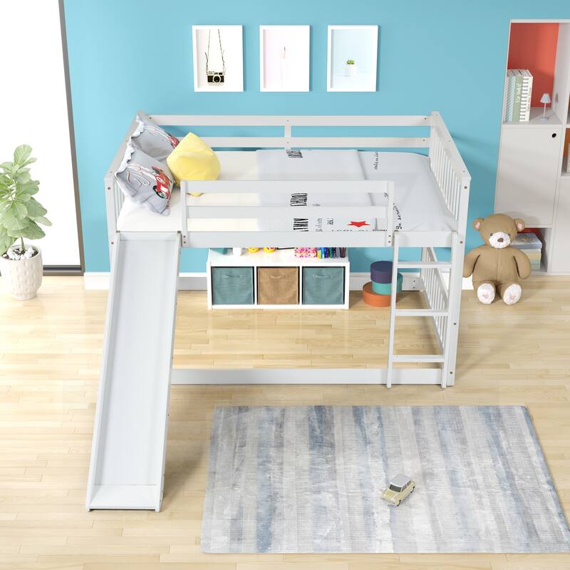 White Full Over Full Bunk Bed with Slide and Ladder, Sturdy Pinewood Frame