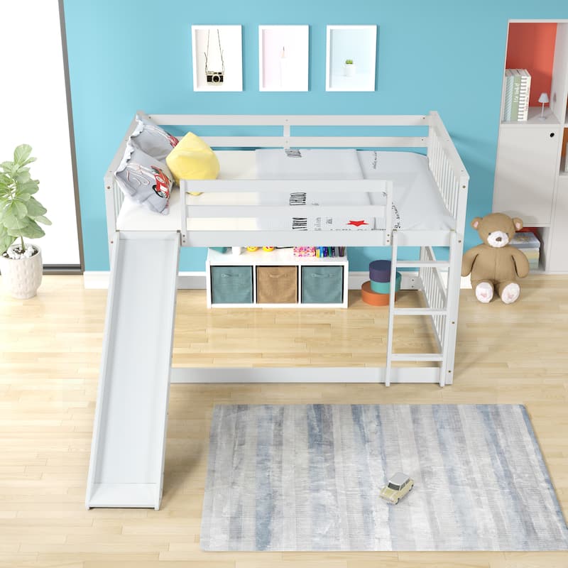 White Full over Full Wood Bunk Bed with Slide & Ladder