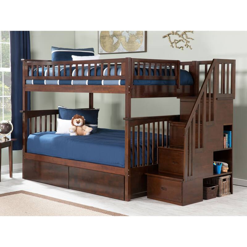 AFI Columbia Full over Full Size Staircase Bunk Bed with Bed Drawers & Charging Station in Walnut - Full - Walnut