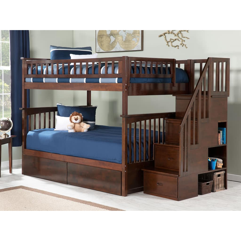 AFI Columbia Full over Full Size Staircase Bunk Bed with Bed Drawers & Charging Station in Walnut