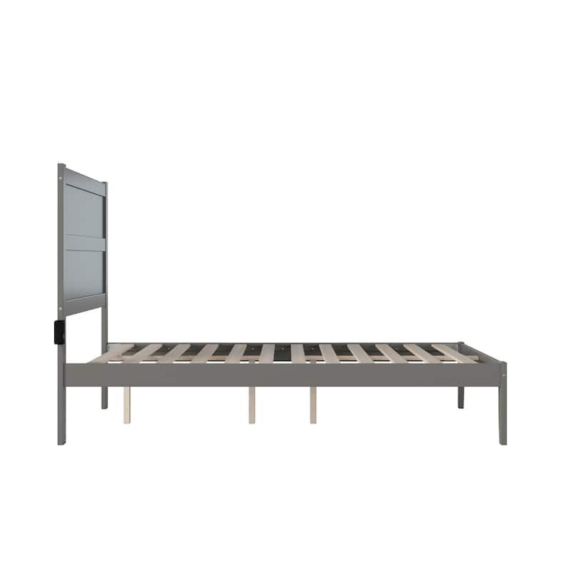 Full Bed Frame Grey Modern Platform Bed Wood Slat Support Charging Station