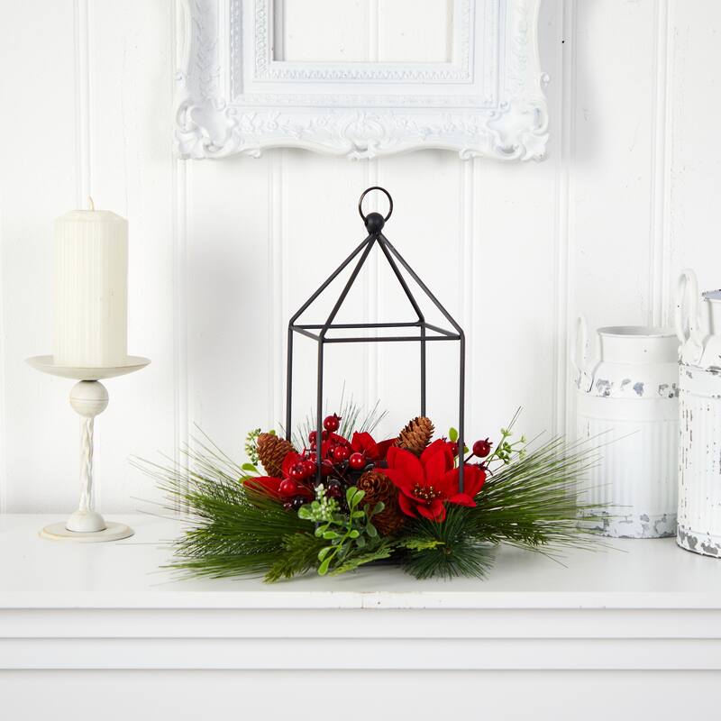 14" Christmas Poinsettia, Berry and Pinecone Metal Candle Holder Christmas Artificial Table Arrangement - 14