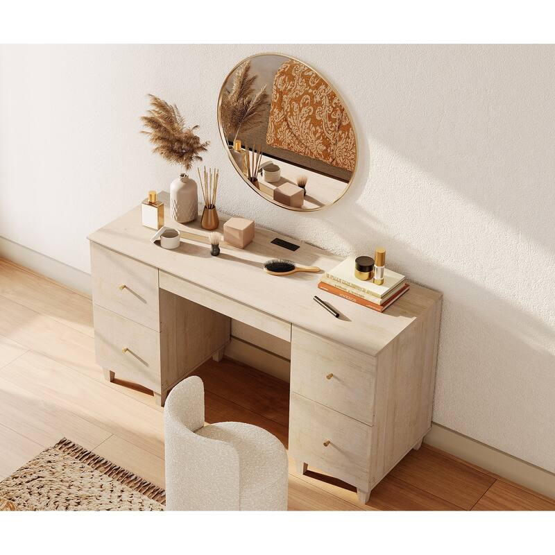 58" Wooden Vanity Desk with 4 Deep Storage Drawers and Charging Station for Bedroom