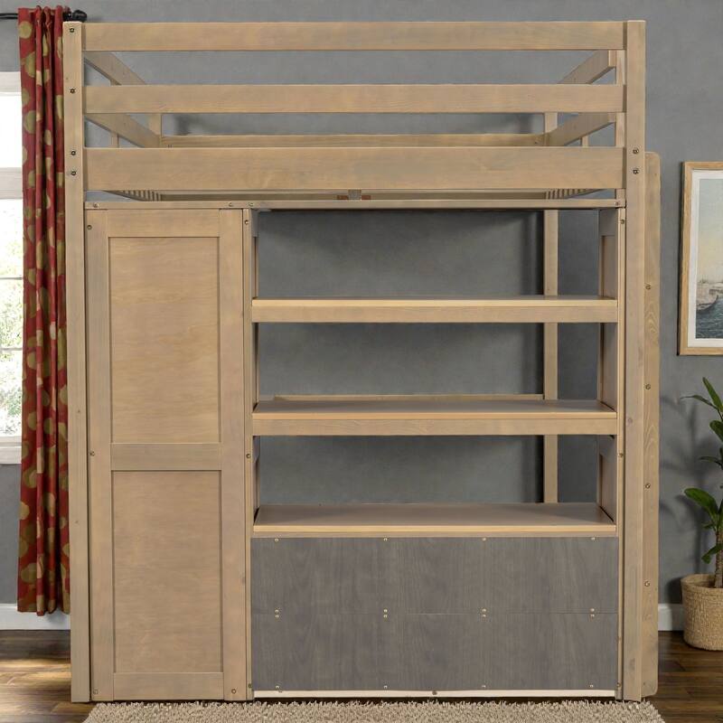 Full Size Wood Loft Bed with Wardrobe, Desk, Storage Shelves and Drawers, Space Saving Design, No Box Spring Needed
