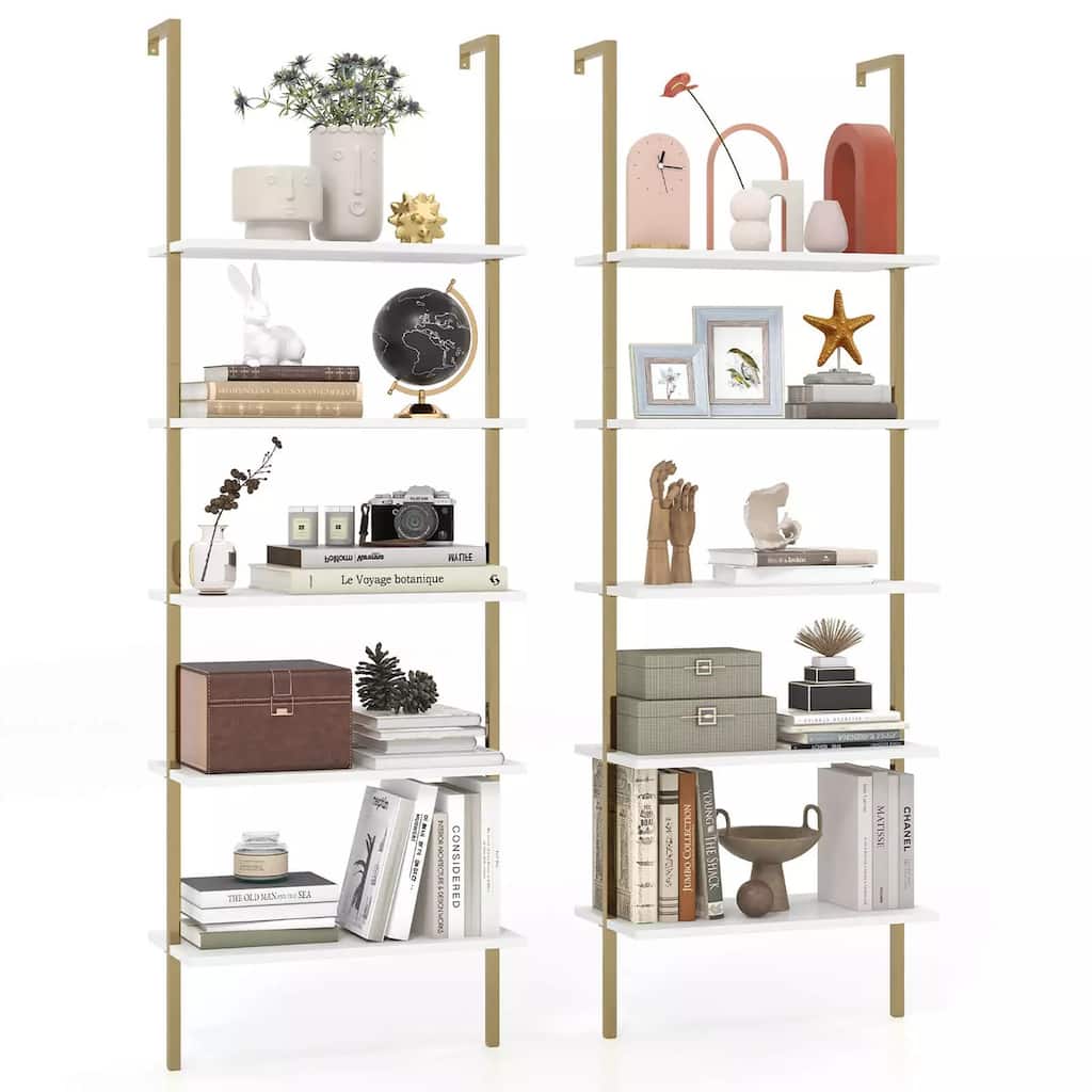 Gymax 2 PCS 5 Tier Ladder Shelf 71'' Open Wall-Mounted Bookcase w/