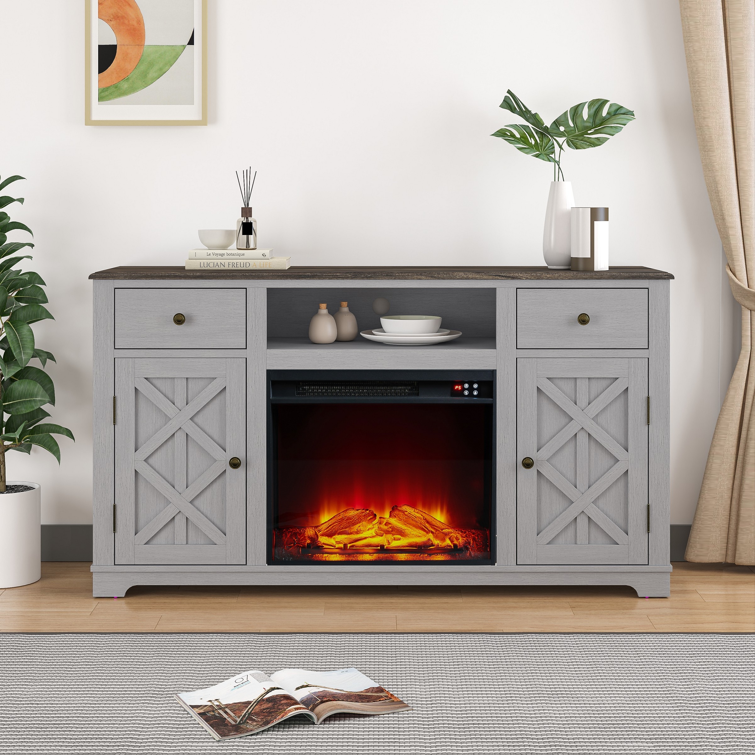 Farmhouse TV Stand with Fireplace for up to 65