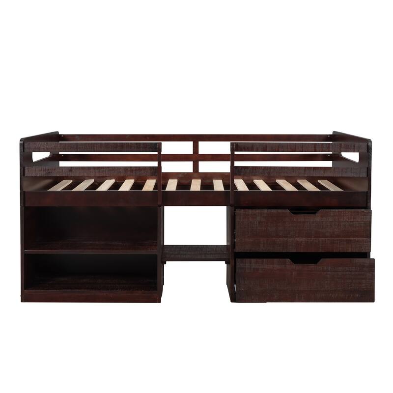 Twin Solid Pine Loft Bed with Shelves, Drawers, and Guardrail