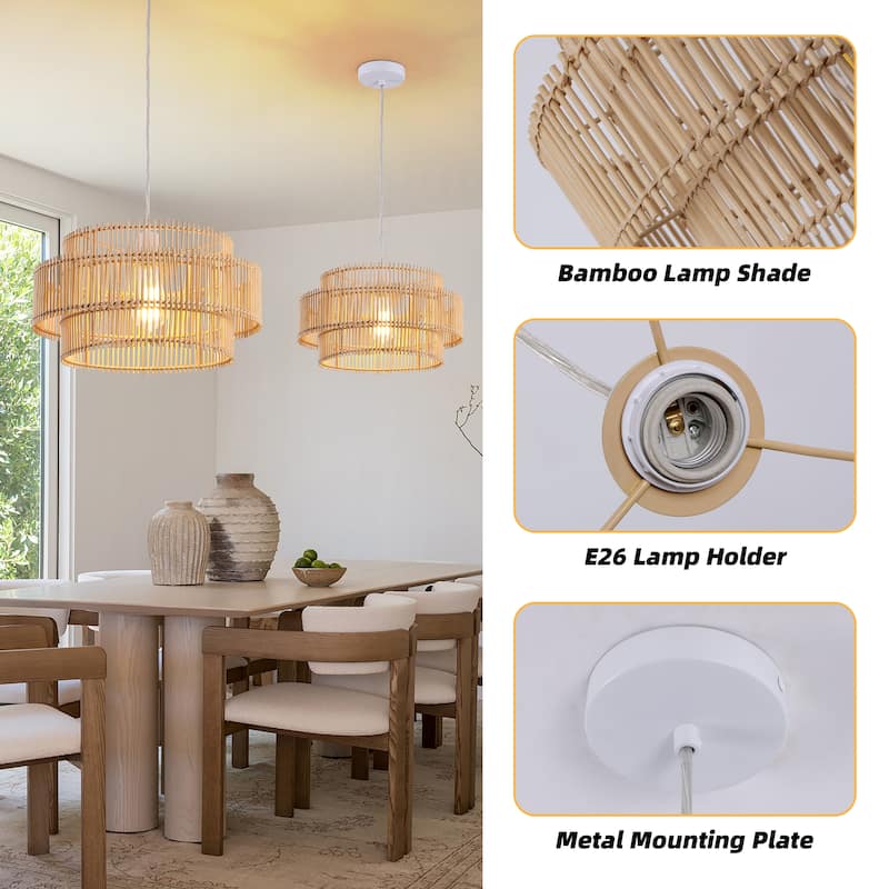 Solara 16 in. 2-Tiers 1-Light Pendant Light with Bamboo Round Shade, No Bulbs Included