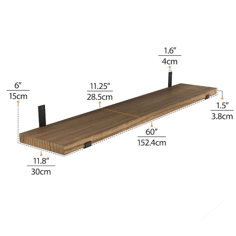 Wallniture Forte 60 Inch Long Bookshelf, Floating Shelf for Wall Decor, 9.25" & 11.25" Depth Options, Farmhouse, Burnt, 2 Pcs