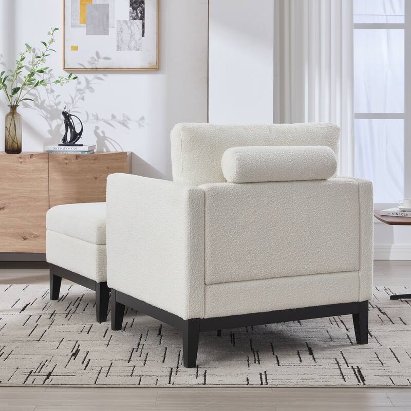 Upholstered Wood Base Square Accent Arm Chair with Ottoman