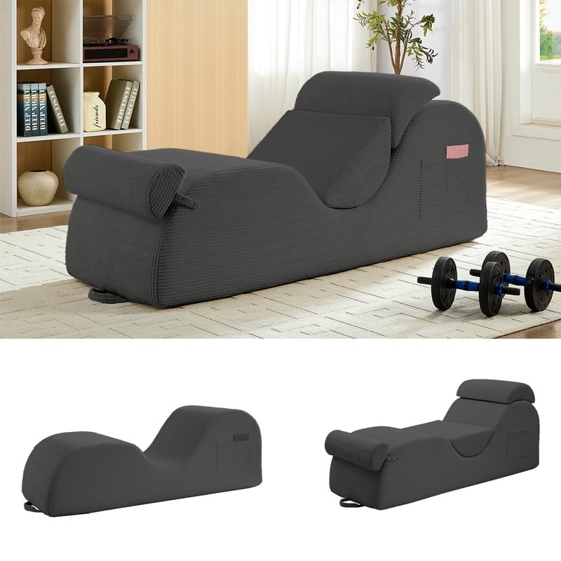Mixoy Corduroy Yoga Chaise Lounge Chair,Curved Yoga Sofa with Movable Headrest/Waist Cushion/Footrest,Non-Slip Bottom